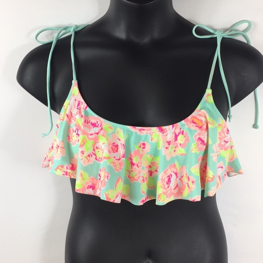 VS PINK Floral Print Ruffle Bikini Top Size Large